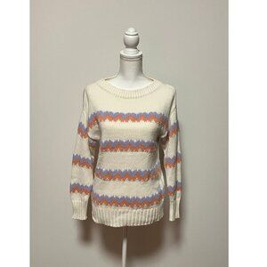 Loft Women's Sweater, Size Small, White/Cream With Fair Isle Purple/Orange